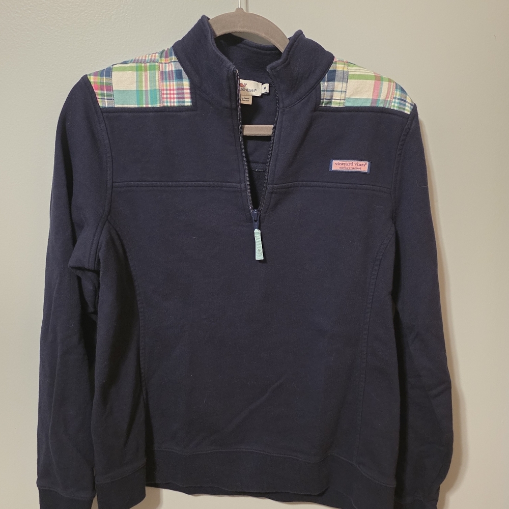 Vineyard Vines Navy Quarter-Zip Shep Shirt with Plaid Shoulders